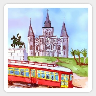 St. Louis Cathedral, and street car as seen in Jackson Square New Orleans Magnet